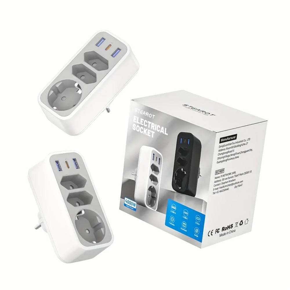 2 unidades de enchufe USB, adaptador de enchufe, multi enchufe 6 en 1 con 3 salidas, 2 cargadores USB, 1 puerto tipo C, compatible con teléfonos celulares, computadoras portátiles, para electrodomésticos, multi enchufe para el hogar, viajes y oficina