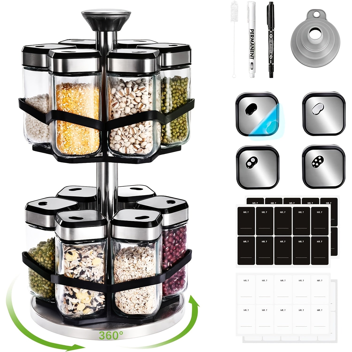 Organizador de Especias Giratorio de Dos Niveles con 6 o 12 Frascos de Especias de 120 ml Cada Uno, Diseñado para una Fácil Selección con Rotación de 360° y Orificios de Tamiz, Hecho de Acero Inoxidable para una Organización Práctica de Especias