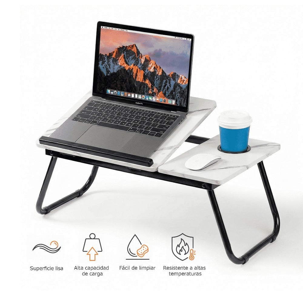 Mesa plegable para cama y sofá con altura ajustable de 5 niveles, bandeja con superficie ajustable y portavasos, mesa pequeña multifunción para ordenador, libros, trabajo y estudio en casa (56x32x25cm)