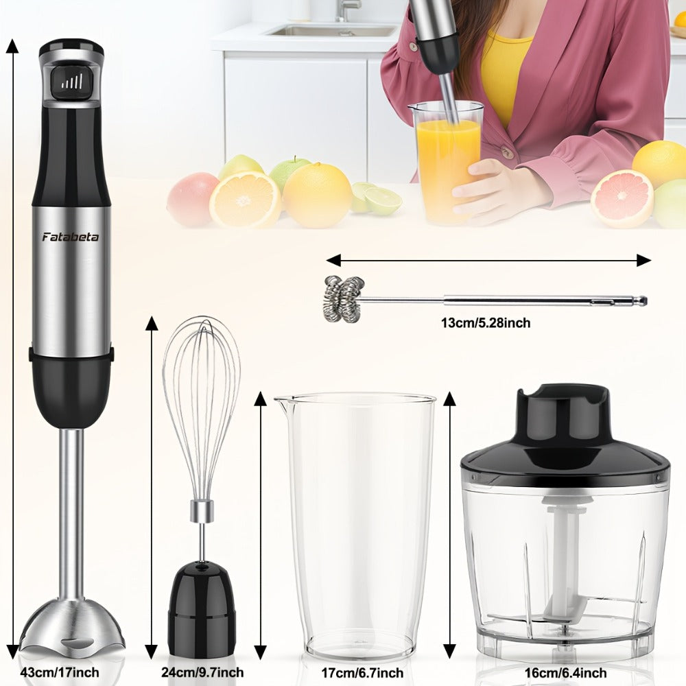 Batidora de mano de inmersión 6 en 1 - Varilla batidora de acero inoxidable con 5 velocidades, picadora, batidor y espumador de leche para carne, puré de patatas y comida de bebé
