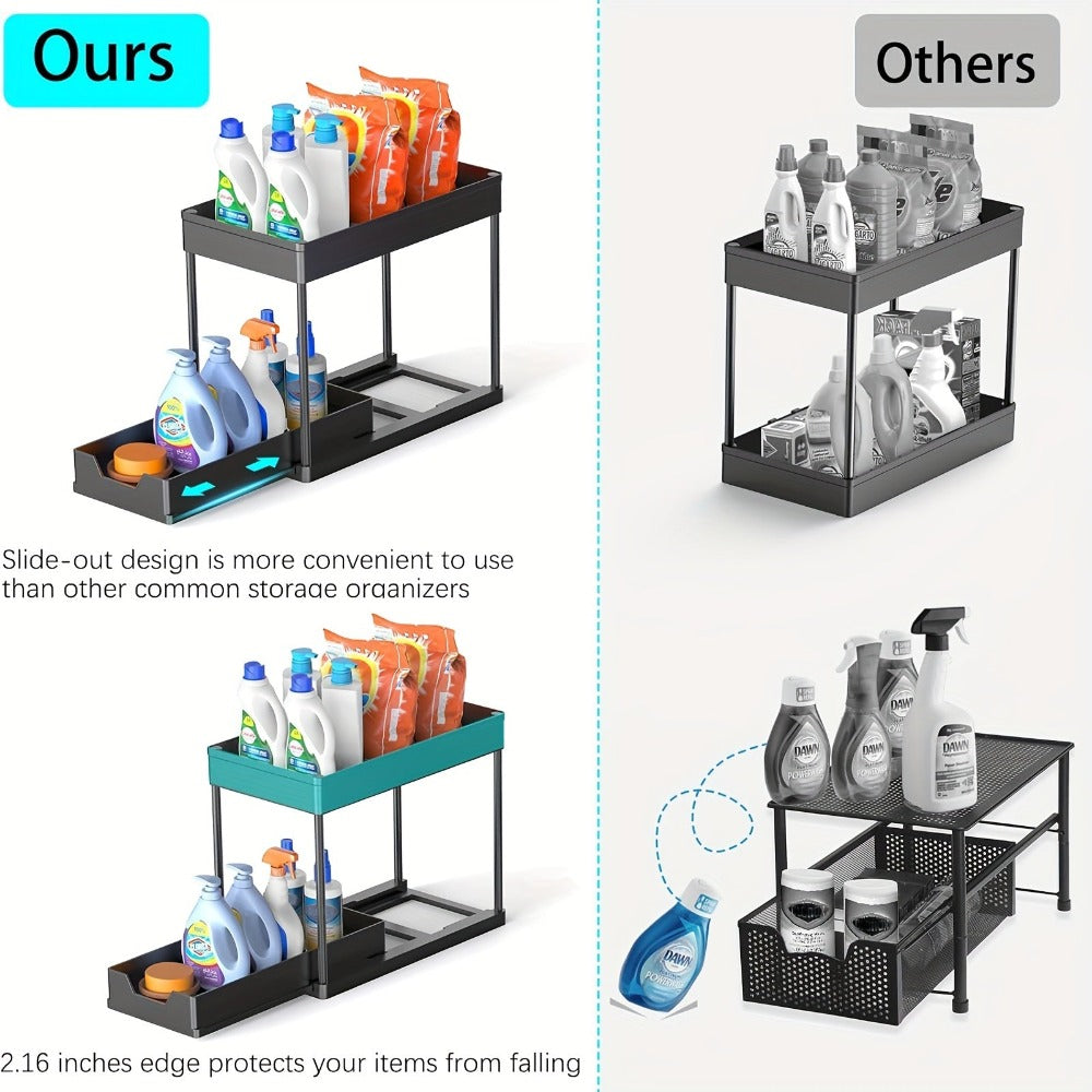 2 Paquetes de Organizadores y Almacenamiento Debajo del Fregadero, Organizador de Cesta Deslizante de 2 Niveles con Ganchos, Organizadores y Almacenamiento Multiusos Debajo del Fregadero para Baño y Cocina