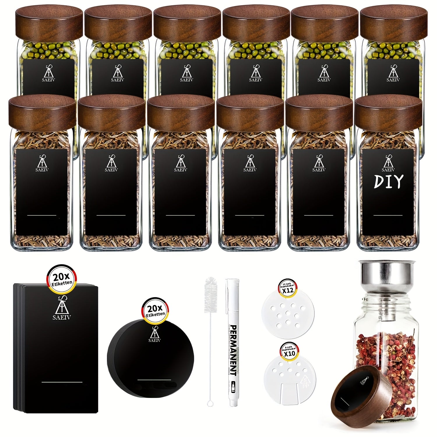 Paquete de 12/24/35 Tarros Cuadrados para Especias de 120ml con Tapas de Madera de Acacia | Recipientes de Vidrio Borosilicato, Etiquetas Integradas y Dispensador Agitador | Tarros Premium para Almacenar Hierbas en la Cocina, Condimentos