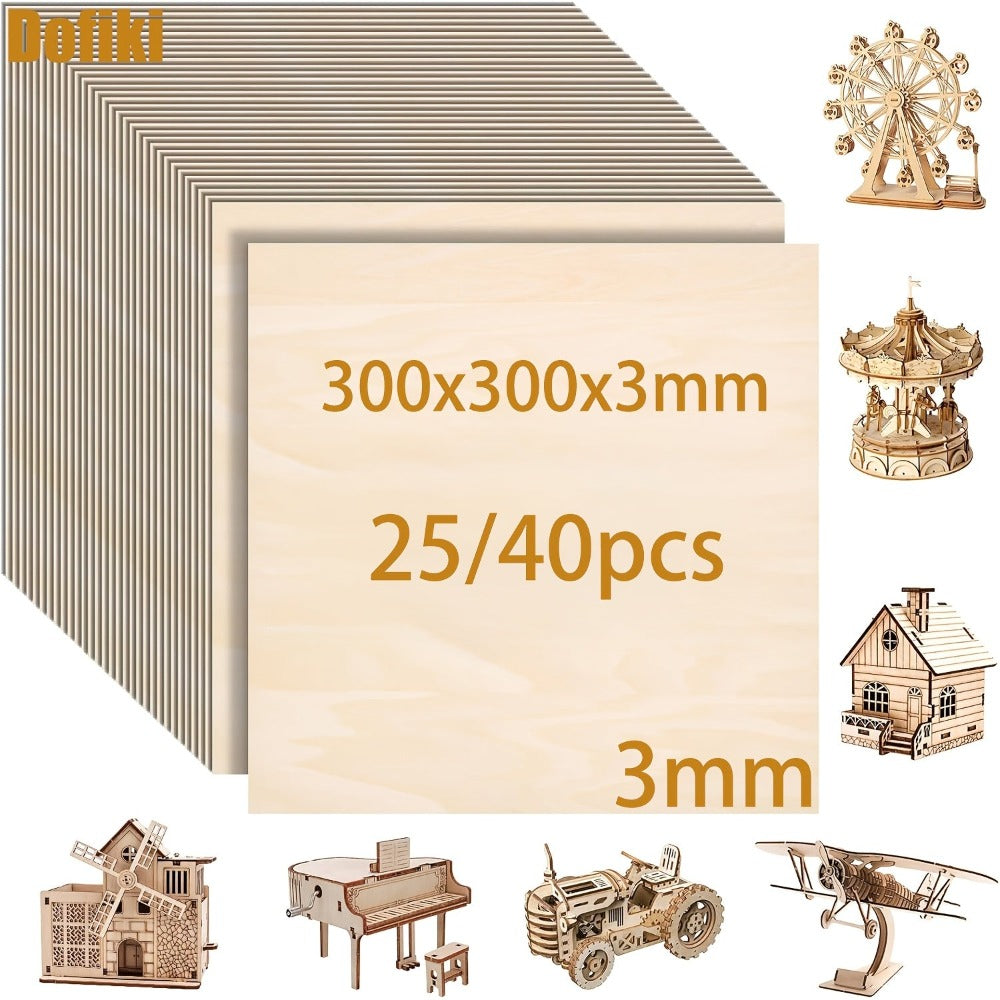 Dofiki 25/40 piezas de contrachapado de tilia de 300x300x3mm, lámina de madera sin acabar, adecuada para manualidades DIY, grabado y corte láser, pirograbado, pintura, creación de maquetas