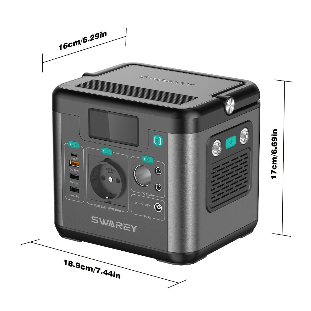 Swarey Batería Portátil Estación de Energía, Generador Solar con Batería de Litio 222Wh, Salida AC 300W, USB-C PD 65W, Generador de Energía para Camping, Viajes, Pesca, RV, Laptop y Smartphone