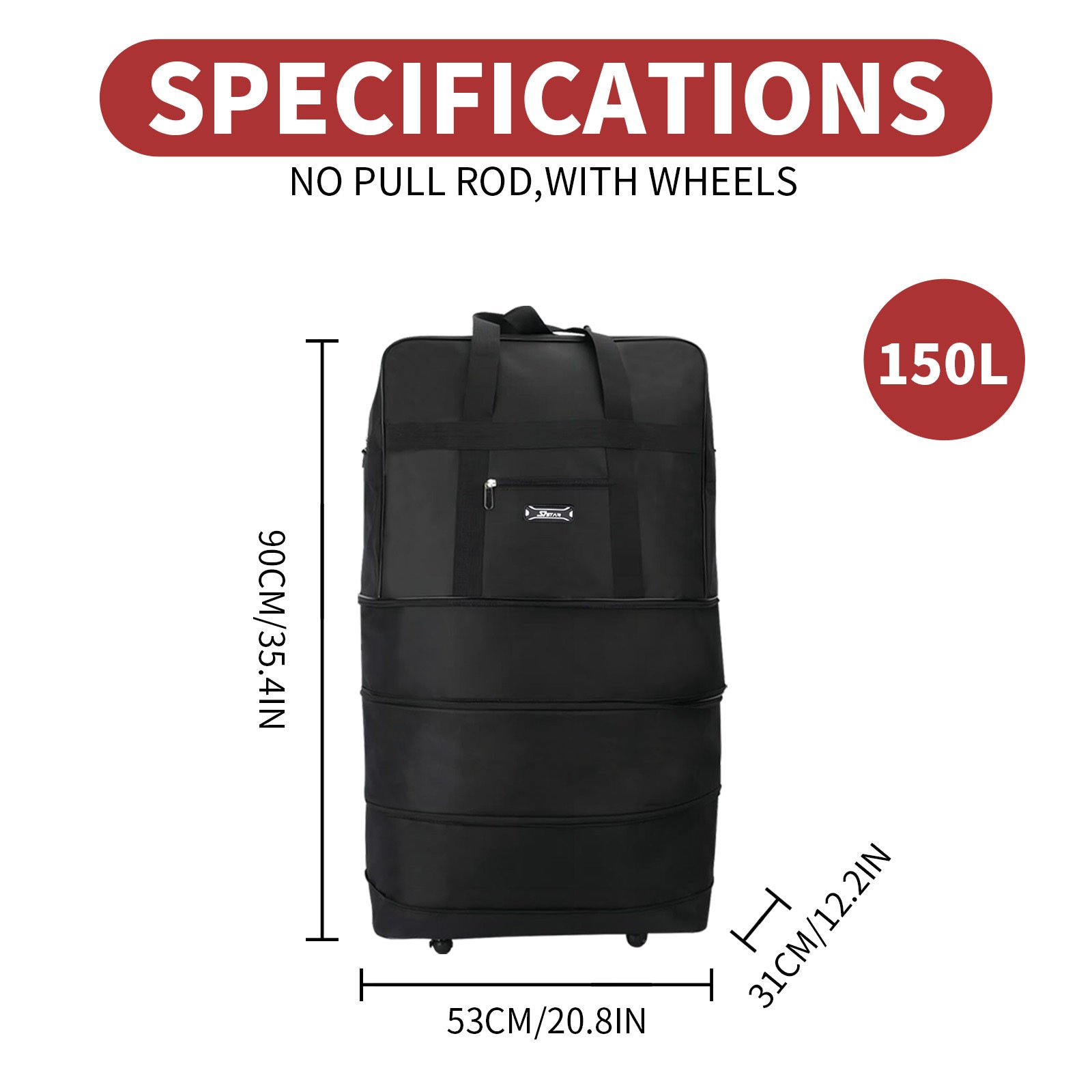 Bolsa de viaje de tela duradera diseñada para flexibilidad con espacio expandible. Viene con ruedas suaves y asas reforzadas para un transporte versátil. Incluye un práctico bolsillo frontal. Disponible en 3 tamaños, perfecta para todas tus necesidades de