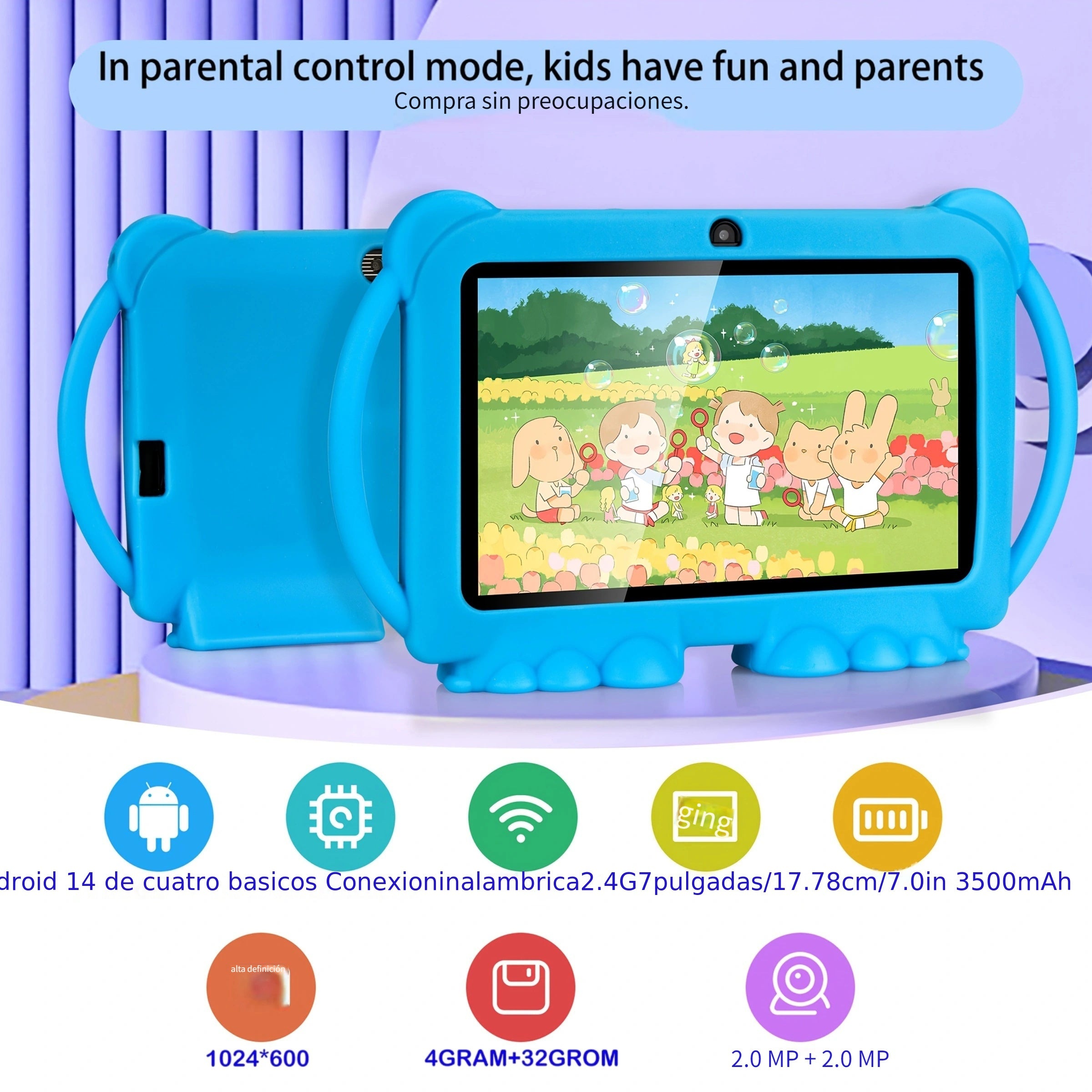 Tablets | Tableta ITMEIPC Android 14 de 7 pulgadas con funda protectora, 4GB (2GB + 2GB ampliables) 32GB ROM, procesador Mali T820 MP1 de cuatro