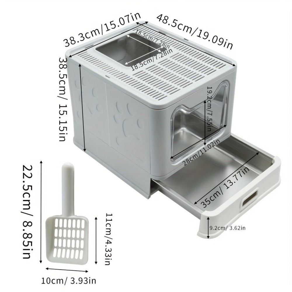 Arenero para gatos de acero inoxidable con entrada frontal y salida superior, diseñado para facilitar la limpieza, ideal para gatos y otras mascotas