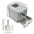 Arenero para gatos de acero inoxidable con entrada frontal y salida superior, diseñado para facilitar la limpieza, ideal para gatos y otras mascotas