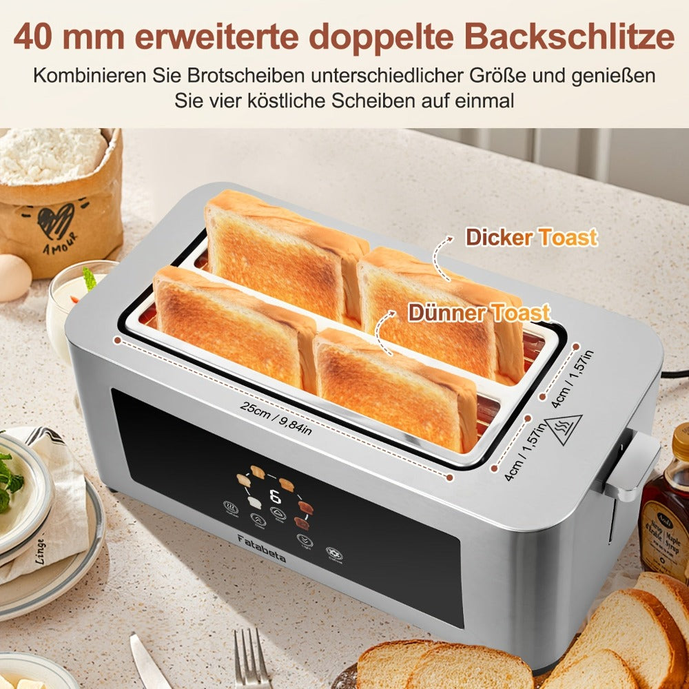 Tostadora de Pan 1400W, Tostadora de Acero Inoxidable, Pantalla Táctil LCD, 2 Ranuras Anchas para Tostadas, Tostadora de 4 Rebanadas, 7 Niveles de Marron, con Calentador de Rosquillas, Bandeja de Salpicaduras Extraíble