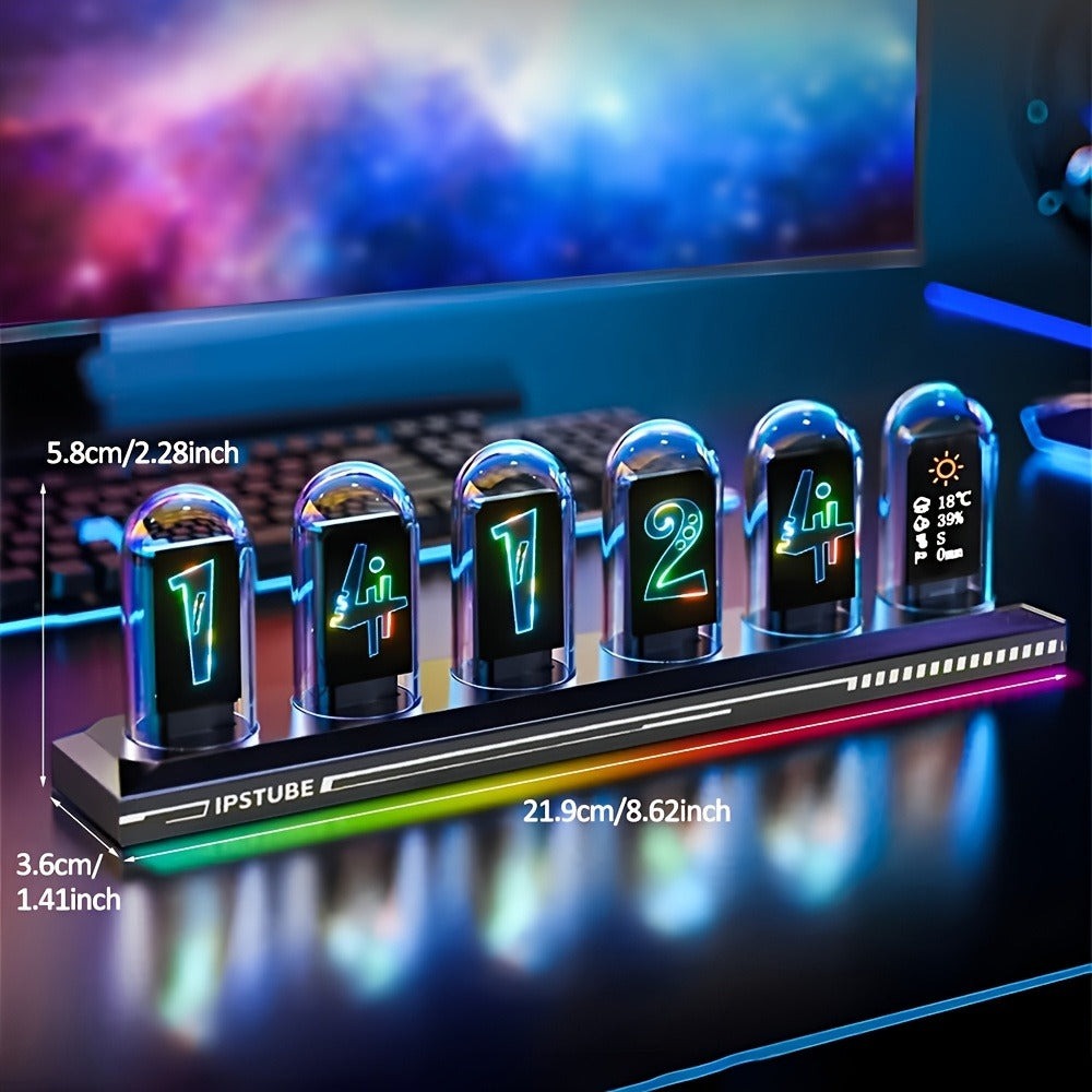 Reloj digital RGB de tubo Nixie con luz de noche y cable USB, reloj analógico IPS que brilla, compatible con calibración de hora Wi-Fi, control por aplicación, modo clima, para decorar escritorio, habitación, para regalo