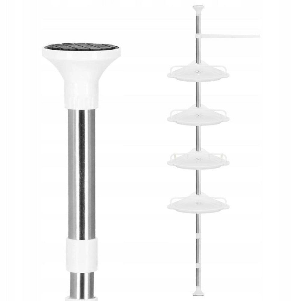 Estante Telescópico de Esquina para Baño, Organizador de Ducha para Bañera, 4 Niveles Ajustables, Montaje sin Taladro con Diseño de Ventosas, Tubo de Aluminio Estable y Estantes de Plástico con Agujeros de Drenaje, Altura Máxima de hasta 320 cm, Resistent