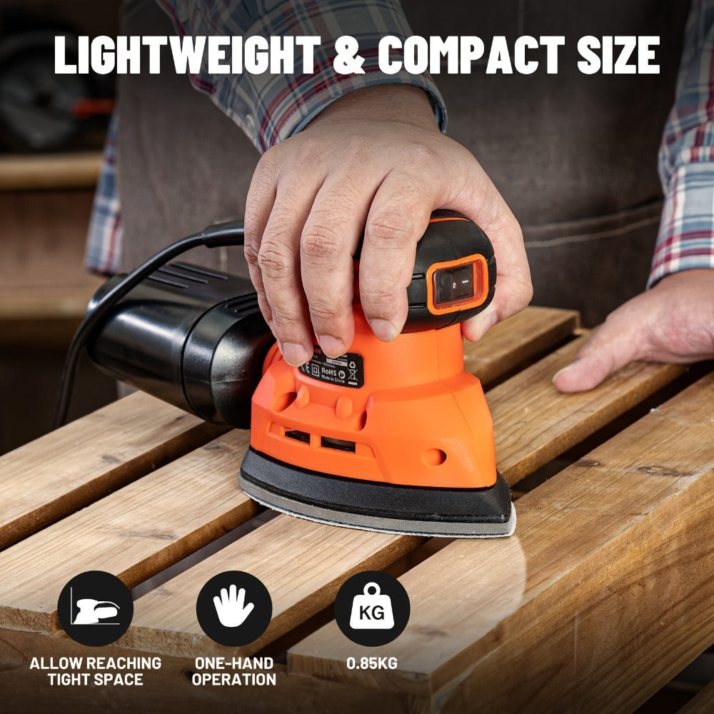 Lijadora triangular Delta de 150W, 12000 RPM, 12 hojas de lija (140X140X80Mm), doble extracción de polvo, ideal para madera y superficies