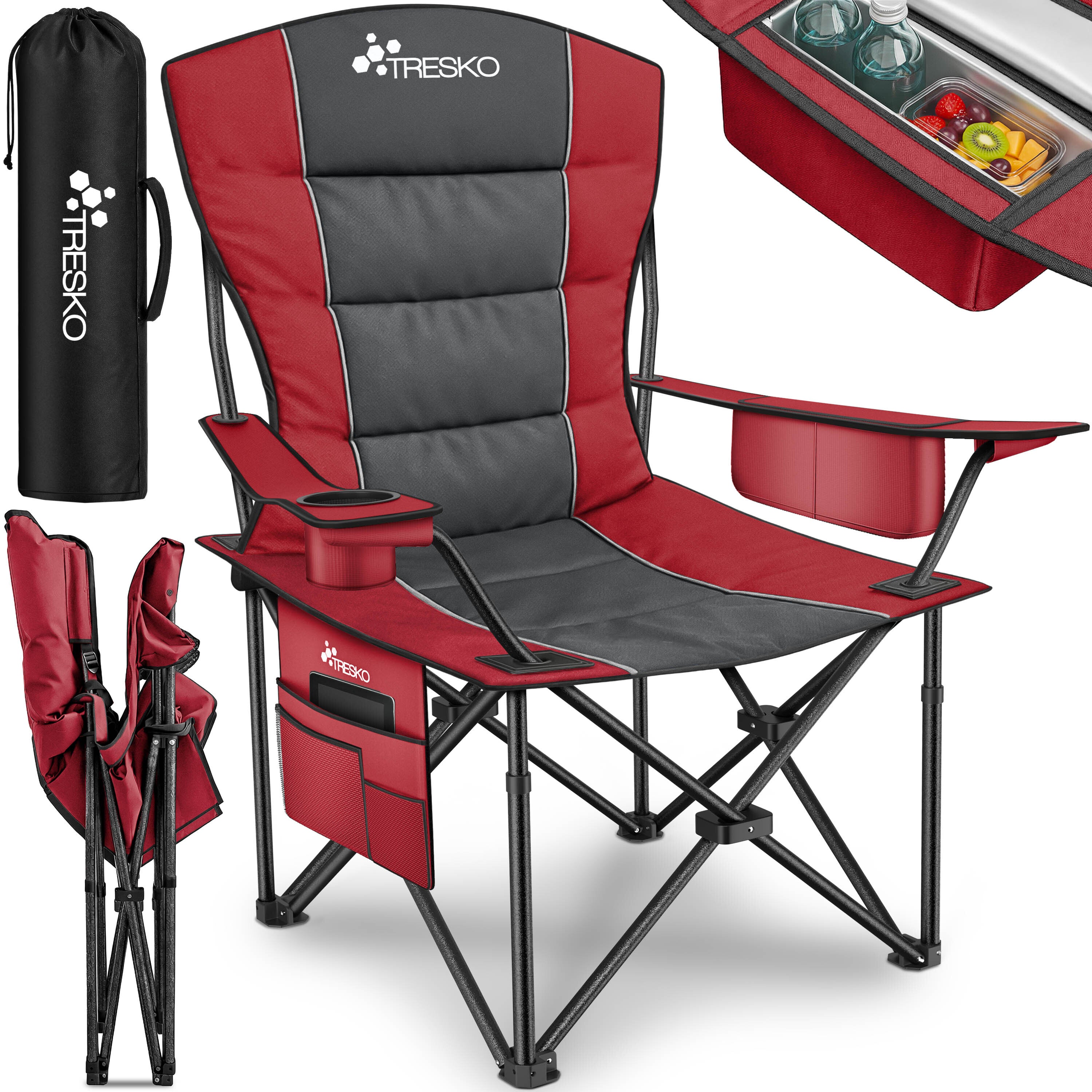 TRESKO® Silla de Camping Plegable hasta 200Kg | Silla Plegable con Bolsa Nevera, Portavasos y Bolsillo Lateral | Silla XXL Plegable Incluye Bolsa de Transporte | Silla de Pesca Acolchada para Exterior, Pesca, Festival y Jardín