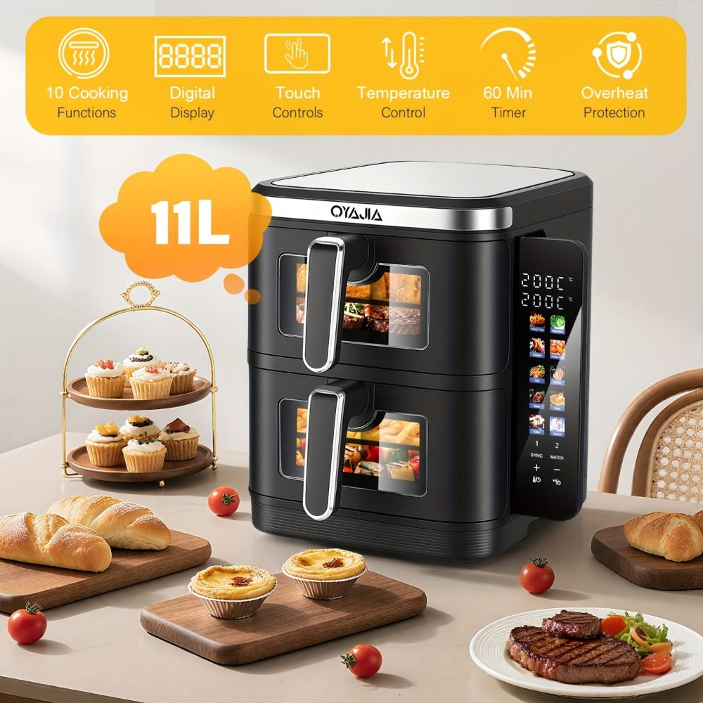 Freidora de Aire de 11L con Ventana de Fácil Visualización, Cajones Verticales Dobles, Cocción en 4 Niveles, Capacidad XXL - 2 Cestas de 5.5L, 2 Cajones y 2 Rejillas, Ahorro de Espacio, 10 Funciones, Sincronización y Compatibilidad, Libre de PFAS, 2800W