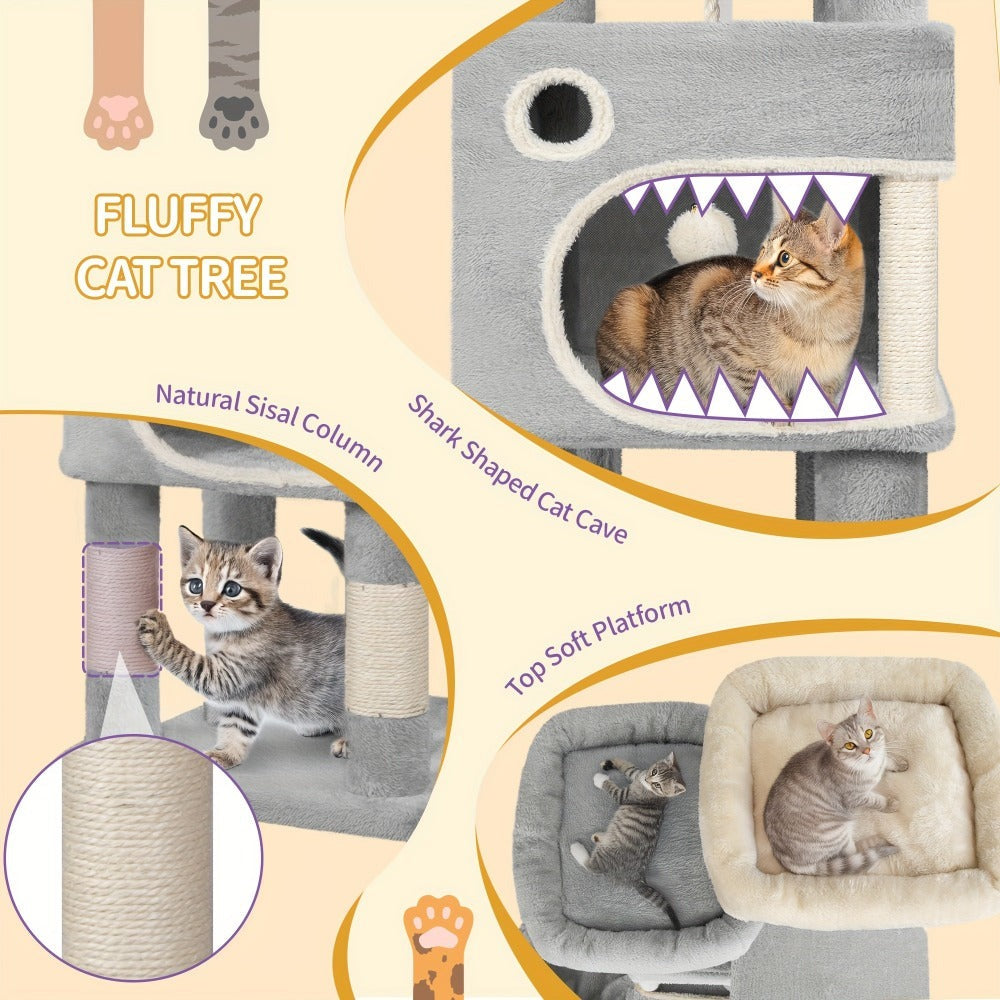 Árbol para gatos de 159 cm con 8 rascadores, 3 plataformas, 2 cuevas, cesta, pelotas de felpa, cuerda de sisal, adecuado para gatos de varios tamaños, gris claro/gris oscuro