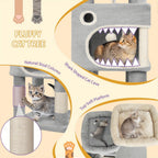 Árbol para gatos de 159 cm con 8 rascadores, 3 plataformas, 2 cuevas, cesta, pelotas de felpa, cuerda de sisal, adecuado para gatos de varios tamaños, gris claro/gris oscuro