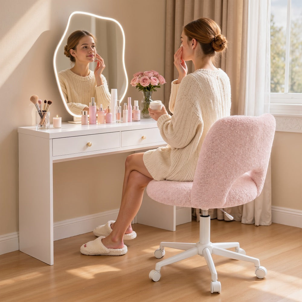 Klyvvo Silla de Escritorio con Ruedas, Silla de Maquillaje con Tejido Teddy Transpirable, Altura Ajustable, Ideal para Oficina, Hogar, Regalo Familiar, Soporta Hasta 150 Kg, Disponible en Rosa, Blanco y Gris