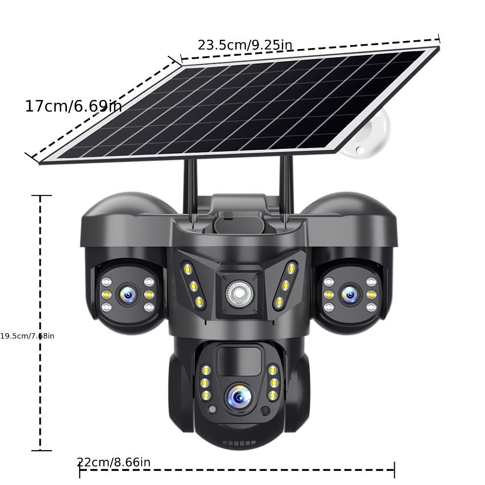 Cámara solar con WiFi V380 PRO de 3 lentes, 1080P, resistente al agua, HD, para exteriores, CCTV, visión nocturna, audio bidireccional, cámara de red con seguimiento de movimiento, cámara PTZ, seguimiento automático, alarma y visión nocturna en color, rot