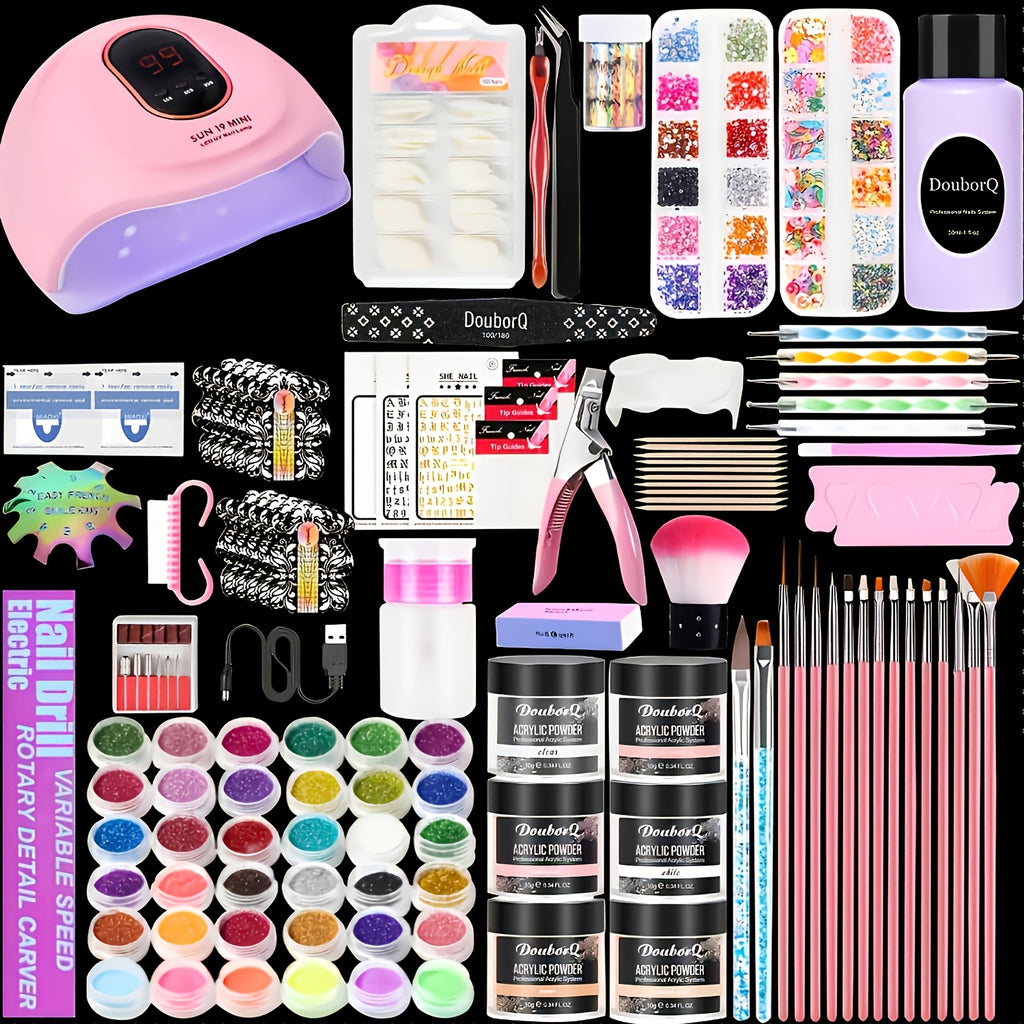 Kit de acrílico para principiantes con colores nude, transparente y rosa intensa, incluye herramientas para uñas, polvo de acrílico con glitter, líquido acrílico, lámpara LED y juego de taladro para extensión de uñas