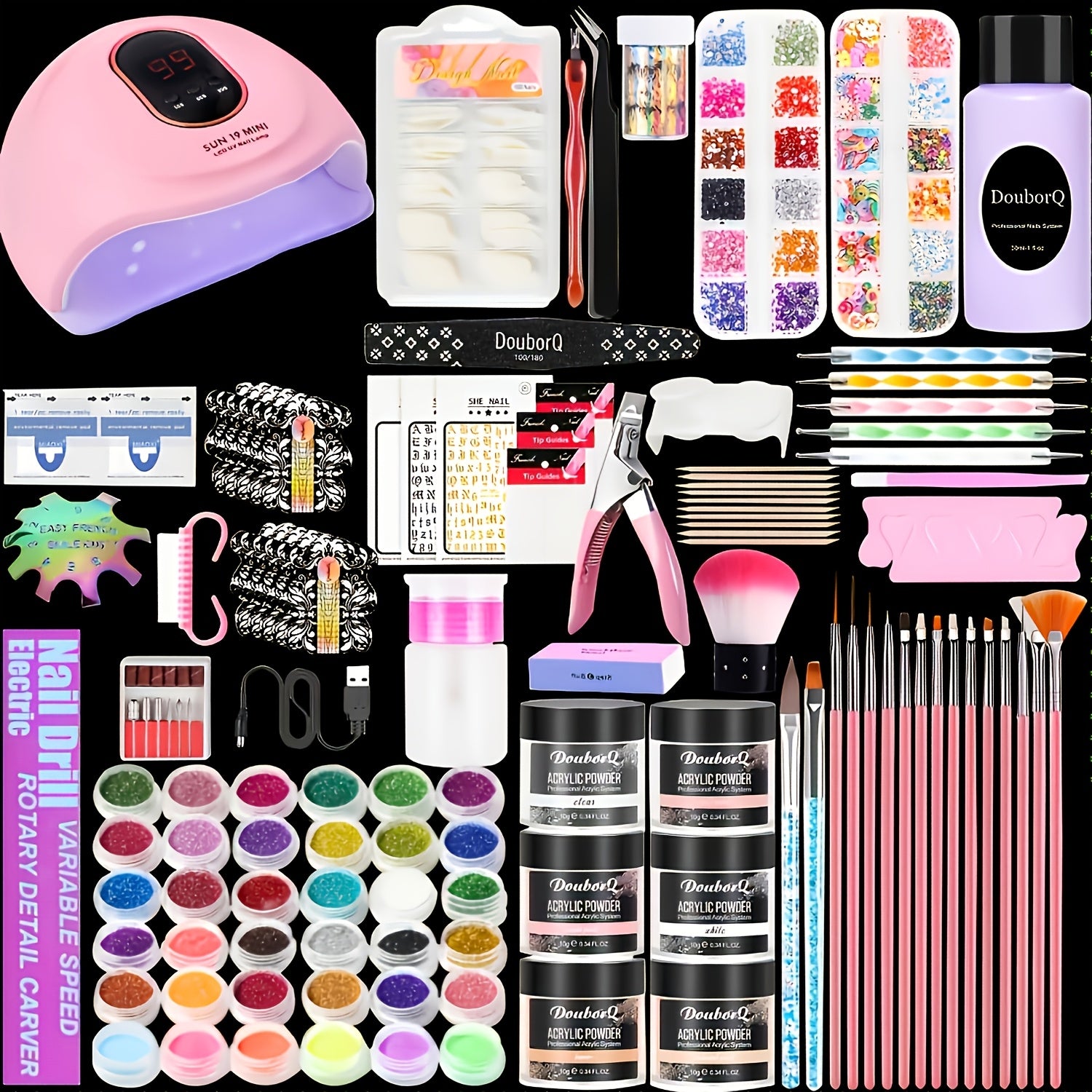 Kit de acrílico para principiantes con colores nude, transparente y rosa intensa, incluye herramientas para uñas, polvo de acrílico con glitter, líquido acrílico, lámpara LED y juego de taladro para extensión de uñas