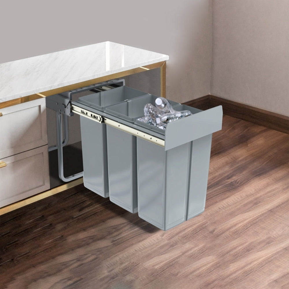 Cubo de Basura Empotrado Debajo del Gabinete, Contenedor de Residuos de Cocina, Recogedor de Basura Extensible, Sistema de Separación de Residuos con Rieles Telescópicos, Gris