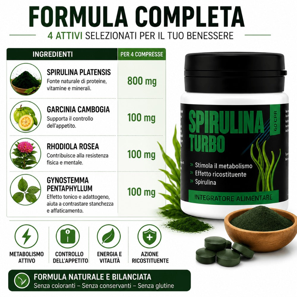 Spirulina Turbo – Suplemento Dietético a Base de Espirulina – 60 Tabletas Veganas de 500 mg – Apoyo para la Rutina Diaria y el Bienestar
