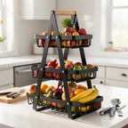 1 Cesta de Almacenamiento de Frutas de Metal de Múltiples Niveles con Asas de Madera - 2 Niveles para Frutas, Verduras y Especias - Soluciones Modernas de Almacenamiento para Cocina, Baño y Hogar, Cesta de Frutas