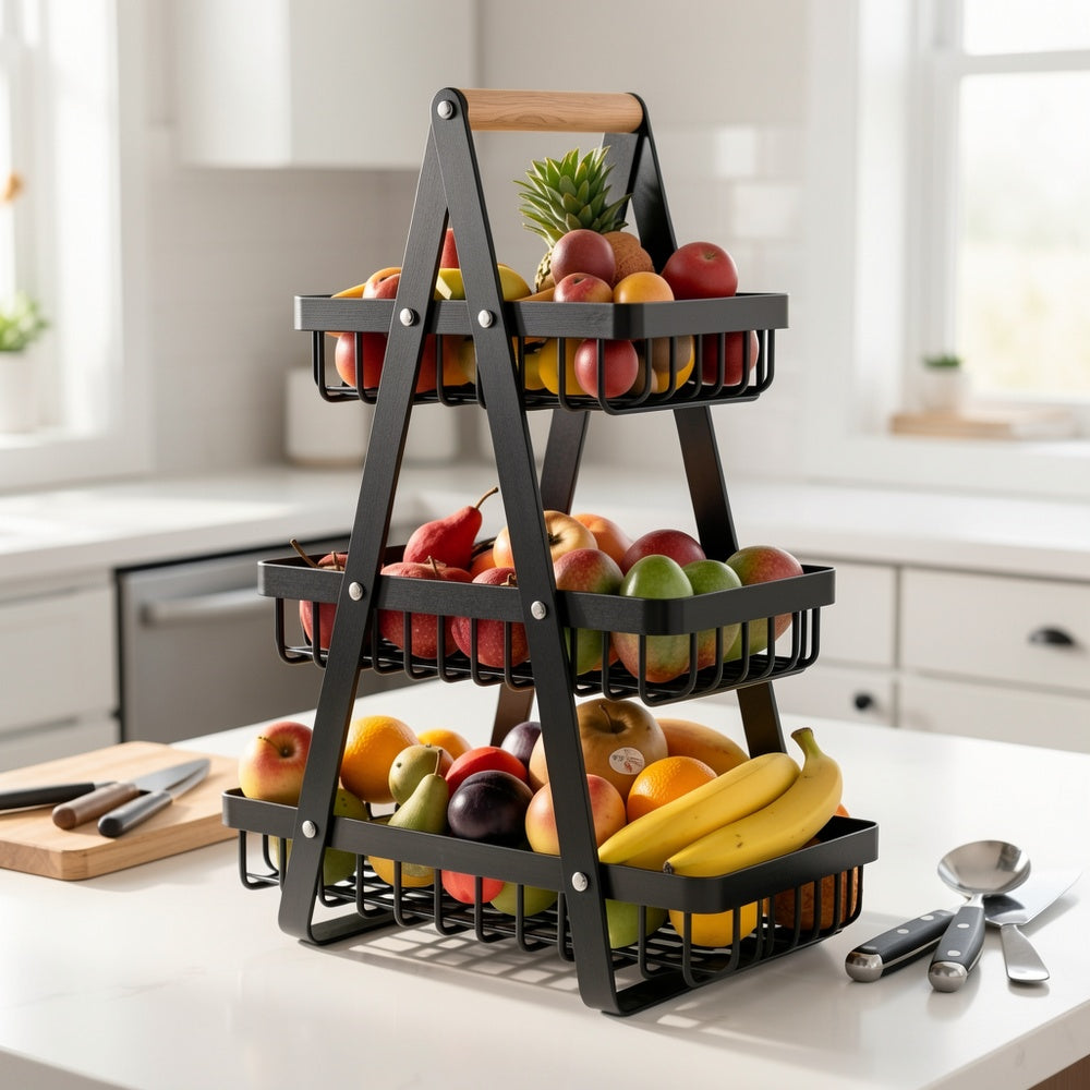1 Cesta de Almacenamiento de Frutas de Metal de Múltiples Niveles con Asas de Madera - 2 Niveles para Frutas, Verduras y Especias - Soluciones Modernas de Almacenamiento para Cocina, Baño y Hogar, Cesta de Frutas