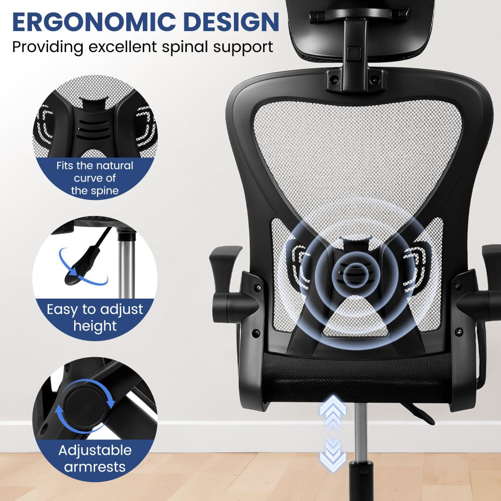 Silla de oficina ergonómica con reposacabezas y soporte lumbar, silla giratoria de escritorio con altura ajustable, silla de ordenador con respaldo de malla transpirable, reposabrazos y ruedas para oficina en casa, estudio, gaming