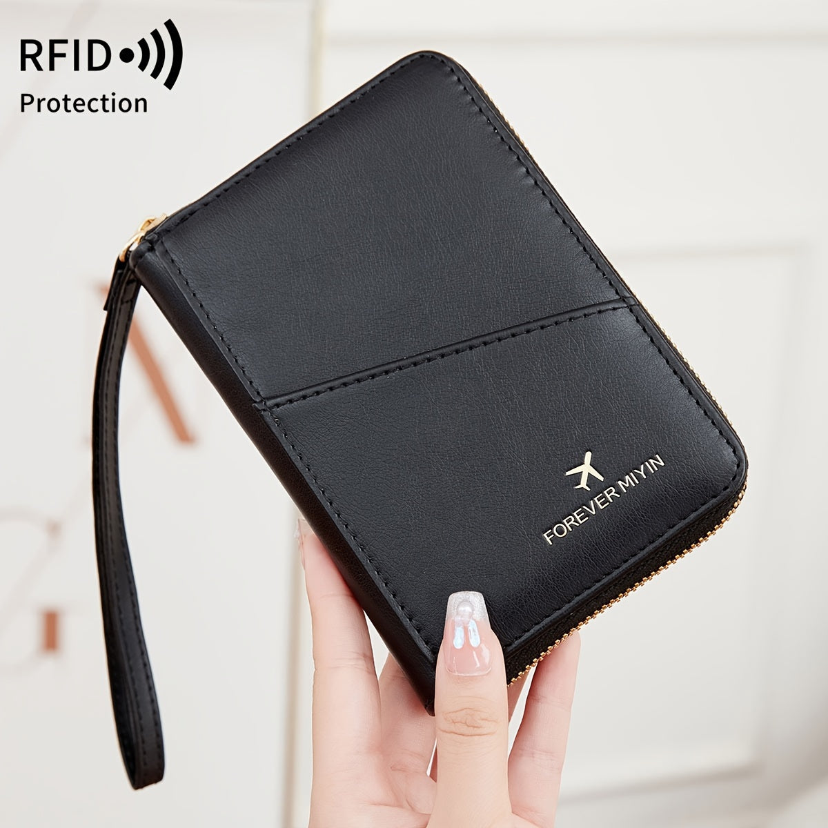 Portapassaporte RFID con cremallera y correa de muñeca, bolsa de almacenamiento multifuncional portátil para viajes, pasaporte y documentos, tarjetero