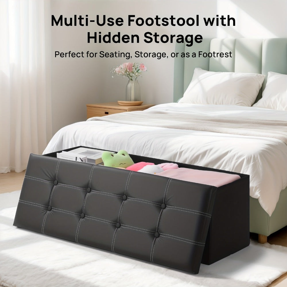 Taburete Plegable de Cuero con Doble Costura, Material de Cuero Fácil de Almacenar, Gran Capacidad de Carga Ideal para Sentarse, Taburete para Cambiar Zapatos en el Sofá, Banco de Almacenamiento, Banco Largo, Caja Taburete