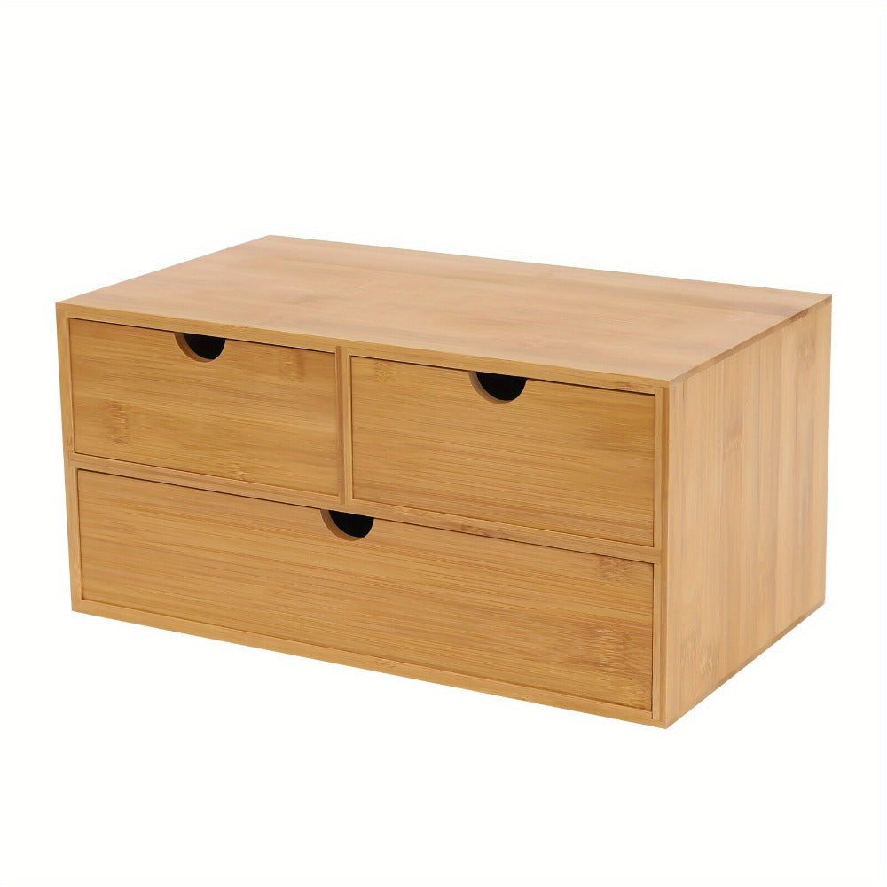 Organizador de escritorio de bambú, caja de organización de almacenamiento de mesa, almacenamiento de escritorio para clasificar y almacenar sellos, notas adhesivas, tijeras, facturas, bolígrafos, lápices, etc. (2 cajones superiores, 1 cajón inferior)