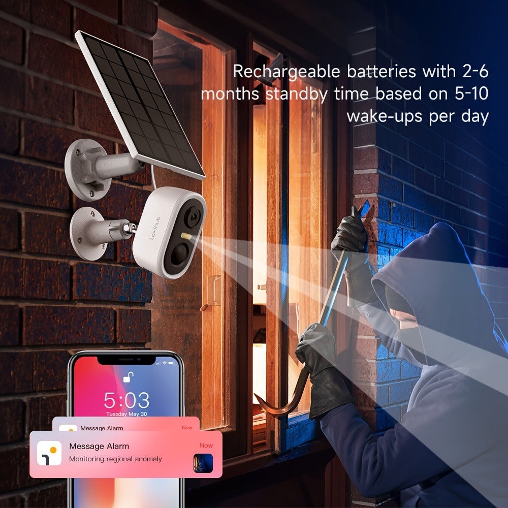 Cámara de seguridad inalámbrica para exteriores con energía solar Laxihub, resolución de video de 3MP, cámara CCTV alimentada por batería para seguridad en el hogar, alimentada por batería sin cables con energía solar, detección de movimiento con IA, foco
