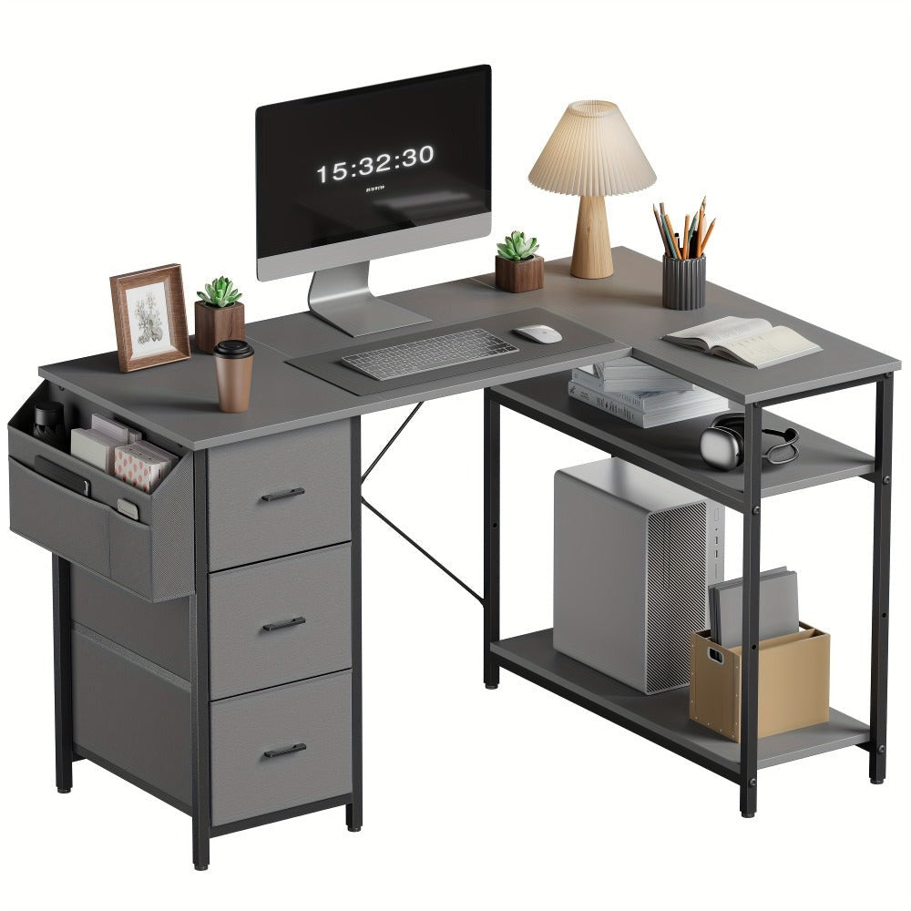 Escritorio de ordenador en forma de L de 47/55 pulgadas con 3 cajones, escritorio gaming con bolsillos laterales de almacenamiento, escritorio de oficina con estante de almacenamiento de dos niveles para oficina, dormitorio