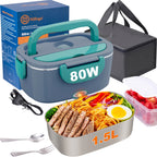 Lonchera verde de 80 W, 1.5L, de acero inoxidable, desmontable, portátil, con caja para pan y calentamiento por V, para coche/camión/oficina, con bolsa térmica