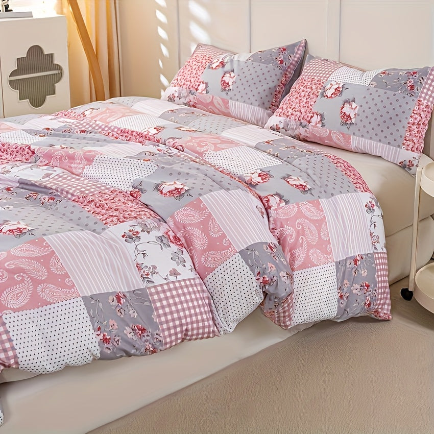Juego de funda nórdica con estampado floral rosa claro tipo patchwork, 3 piezas