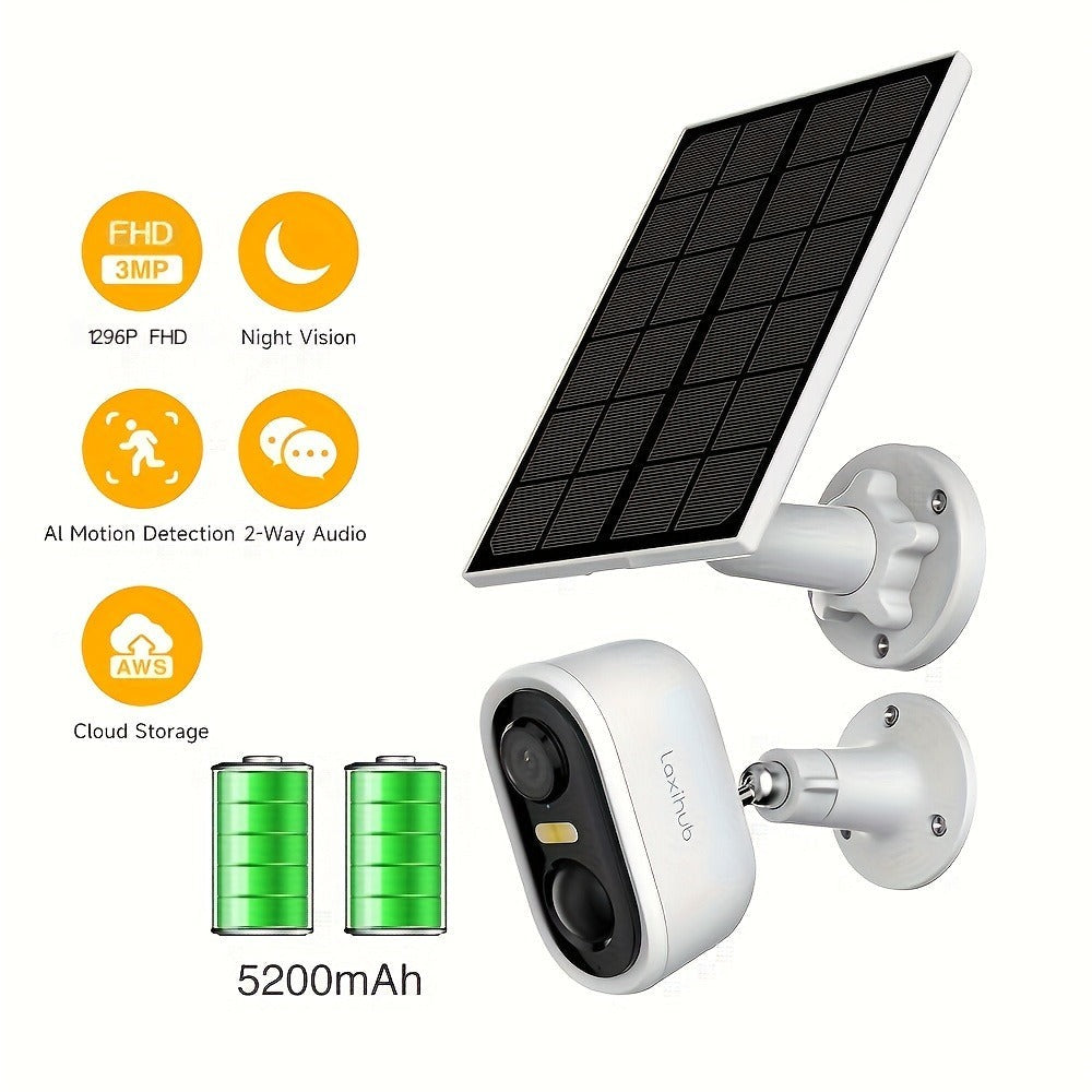 Cámara de seguridad inalámbrica con energía solar Laxihub, resolución de video de 3 millones de píxeles, cámara CCTV, cámara de vigilancia sin cables con energía solar, cámara de vigilancia con batería, nube/SD, detección de movimiento con IA, foco, IP65,