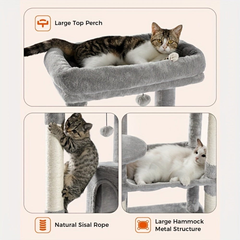 Árbol para Gatos de 143 cm de Altura, Torre Multinivel con Hamaca Extra Grande, Postes de Rascado Cubiertos de Sisal, Condominio Acogedor y Plataforma Superior