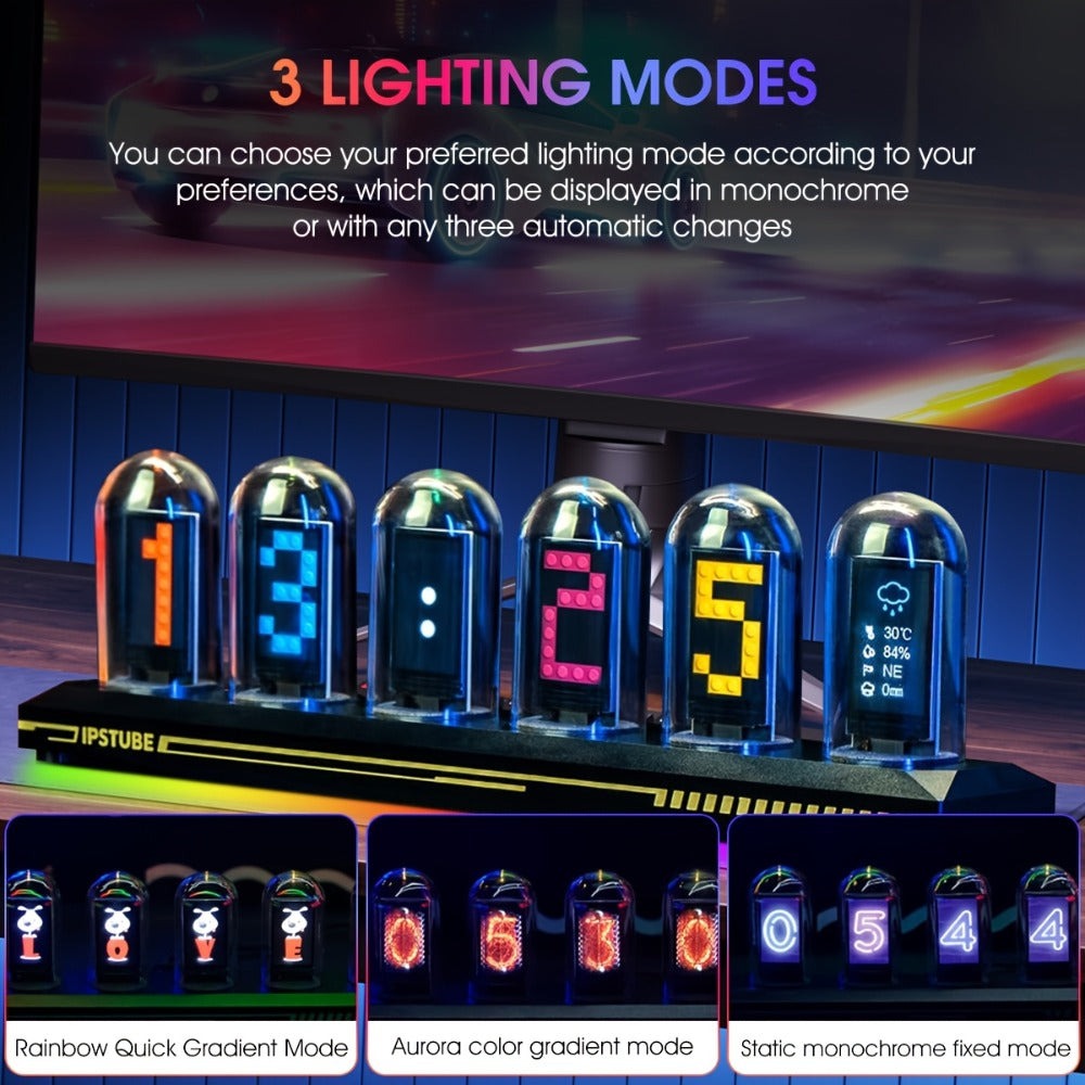 Reloj digital RGB de tubo Nixie con luz de noche y cable USB, reloj analógico IPS que brilla, compatible con calibración de hora Wi-Fi, control por aplicación, modo clima, para decorar escritorio, habitación, para regalo
