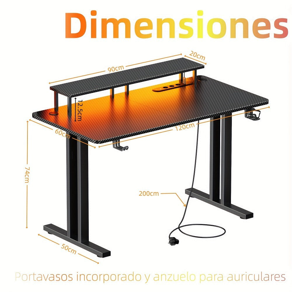 Escritorio LED con puertos de carga USB, escritorio para gaming con soporte para monitor, mesa de ordenador ergonómica con gancho para auriculares y alfombrilla de ratón, escritorio para gamer con superficie de fibra de carbono para dormitorio, , regalo d