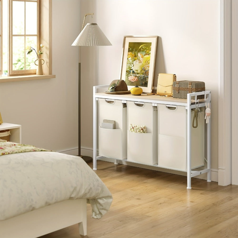 1pc Estante de baño, Cesta de almacenamiento, Cesta de lavandería 3 compartimentos, Colector de lavandería con marco de metal y estantes, Bolsa de lavandería de tela expandible y removible, Cubo de lavandería para clasificar la ropa Blanco, Cestas de lava