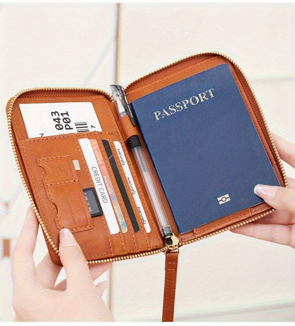 Portapassaporte RFID con cremallera y correa de muñeca, bolsa de almacenamiento multifuncional portátil para viajes, pasaporte y documentos, tarjetero