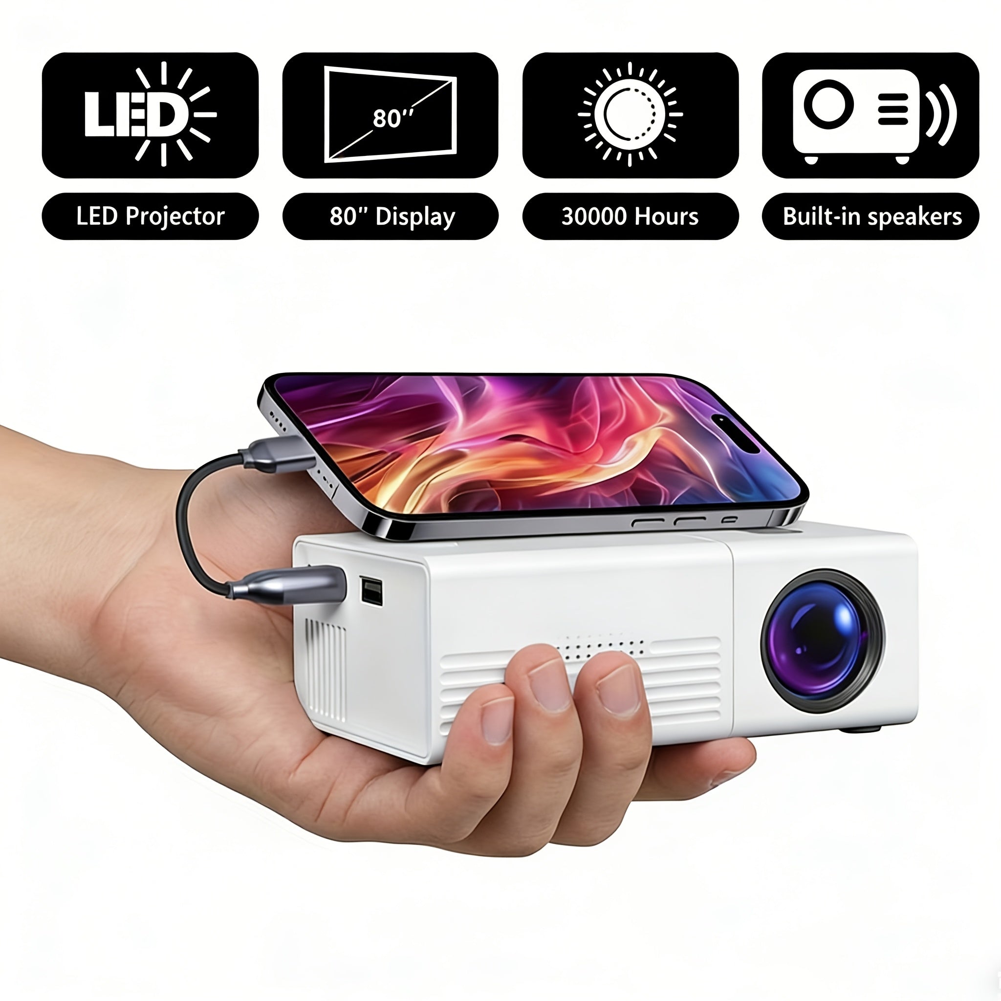 Proyector | Mini Proyector Portátil AOC, Beamer LCD con Altavoces Incorporados y Control Remoto, Compatible con iOS, Android, Windows y PS4
