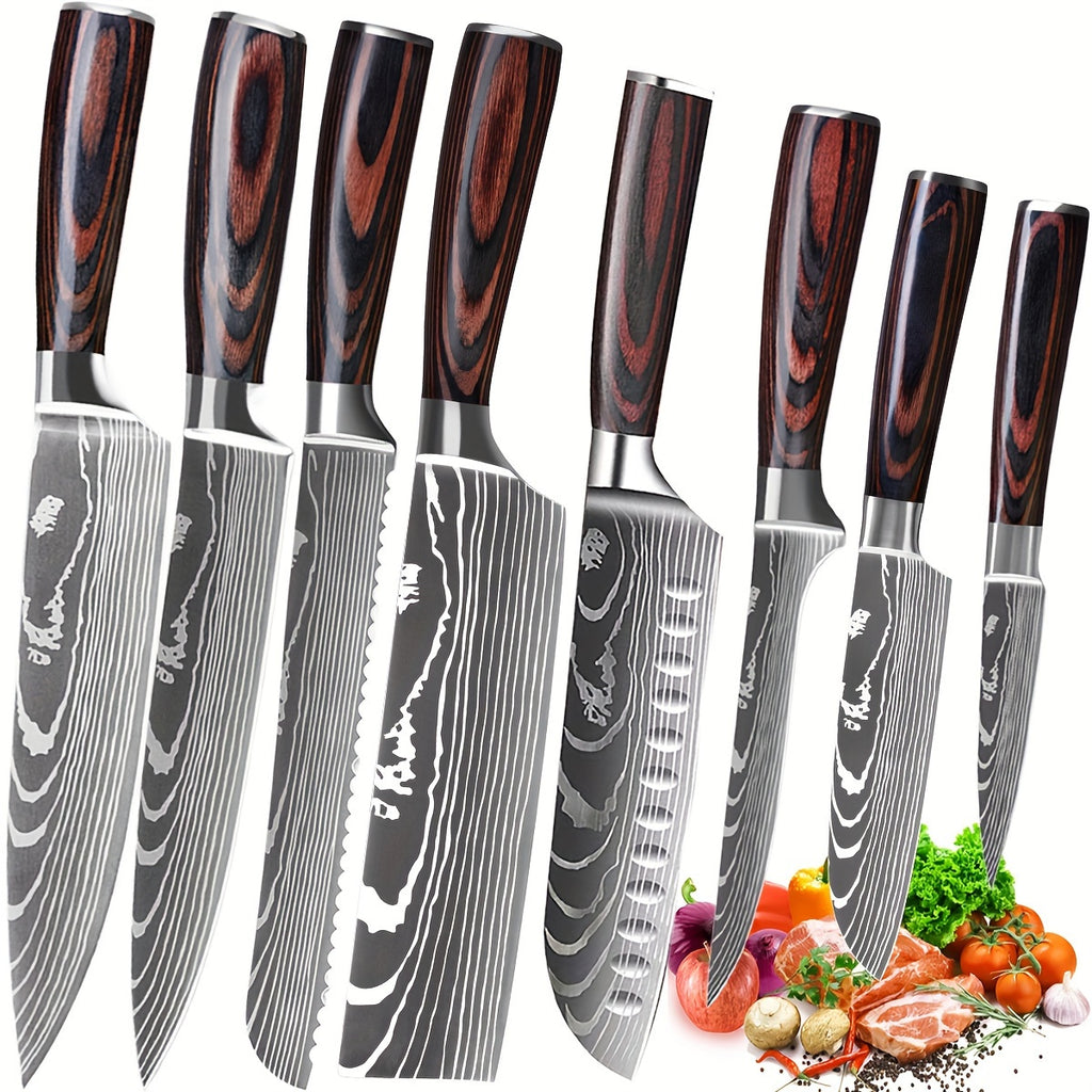 Juego de 8 cuchillos, cuchillo de chef, cuchillo de uso, cuchillo de cocina hecho de acero inoxidable alemán, mango ergonómico de Pakkawood para restaurante doméstico