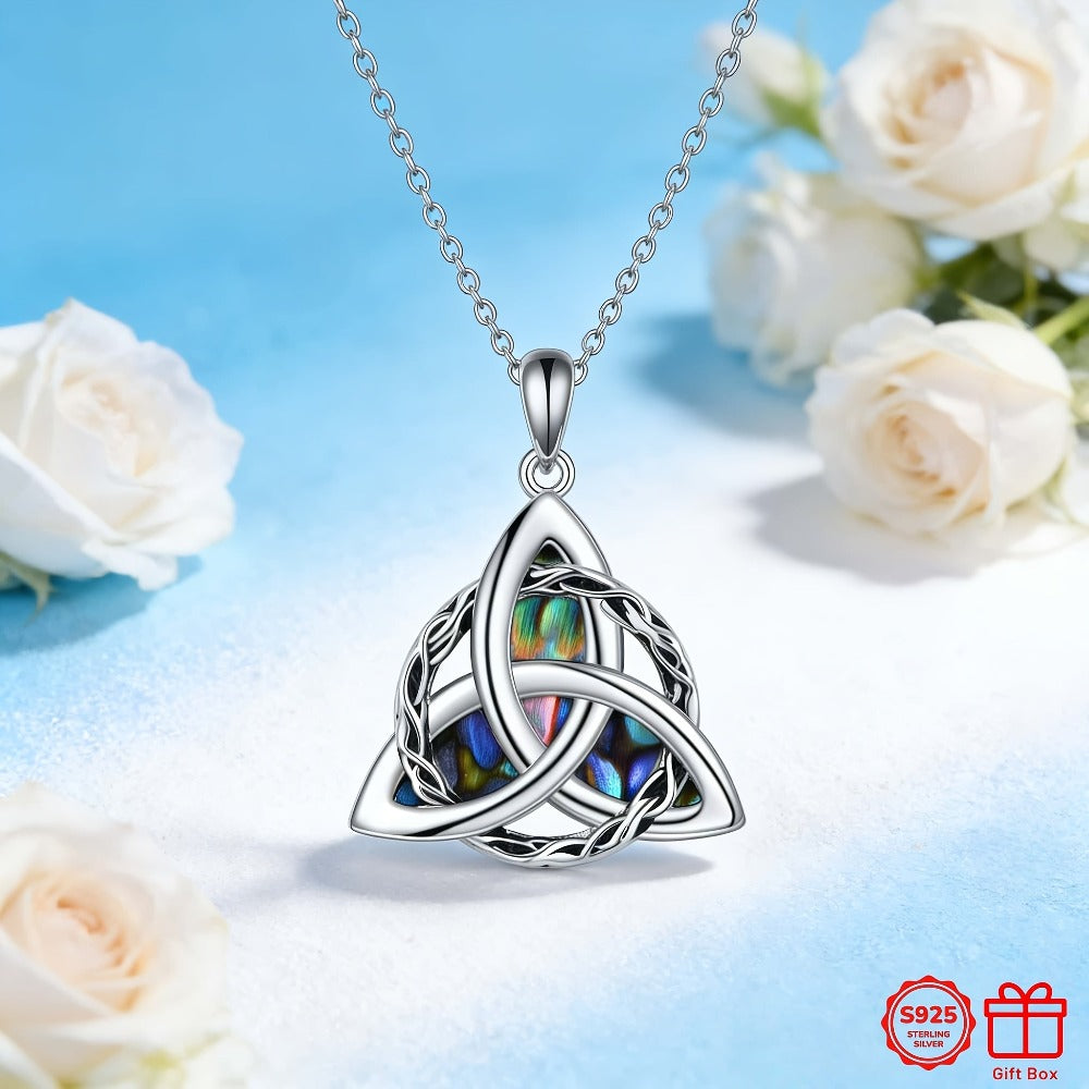 Collar de plata de ley 925 con nudo celta triquetra y concha de abulón, colgante irlandés de la suerte retro, joyería elegante de uso diario para mujer, accesorio de moda clásico