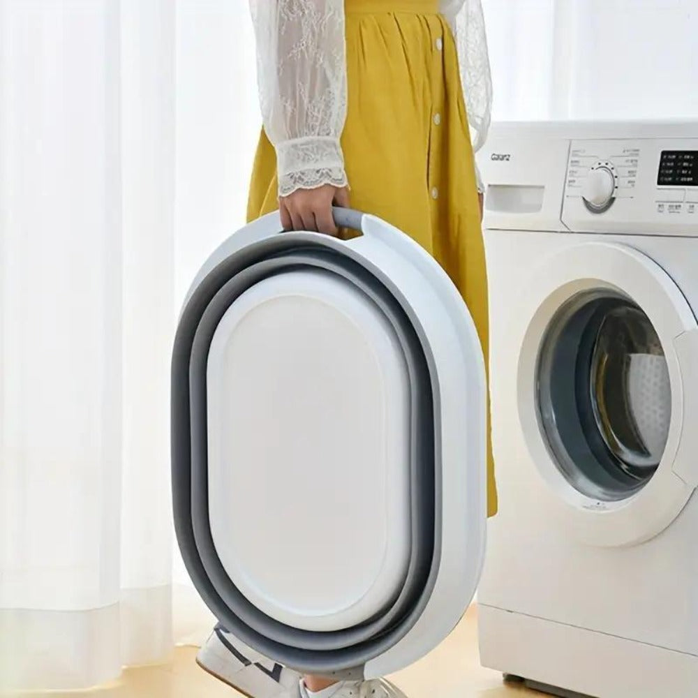 Cubo para la colada retráctil blanco y gris 21 l. Ideal para ropa sucia, Dobla, Juega, Lleva contigo.