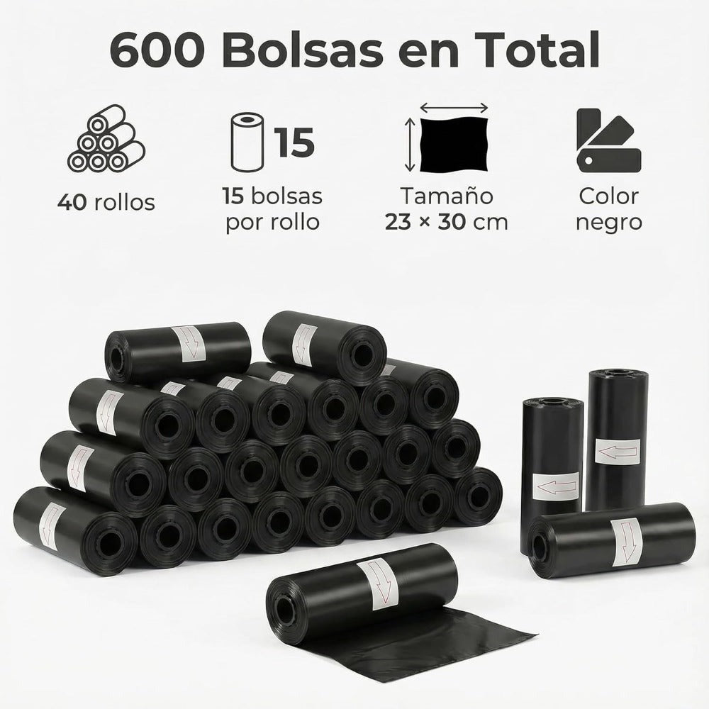 Bolsas Caca Perro 600 Unidades, 40 Rollos Gruesas Anti-Fuga, Bolsas Excrementos Perros Negras 23x30 cm, Recambio Rollos Mascotas, Bolsas Higiénicas Resistentes - HANSEL HOME