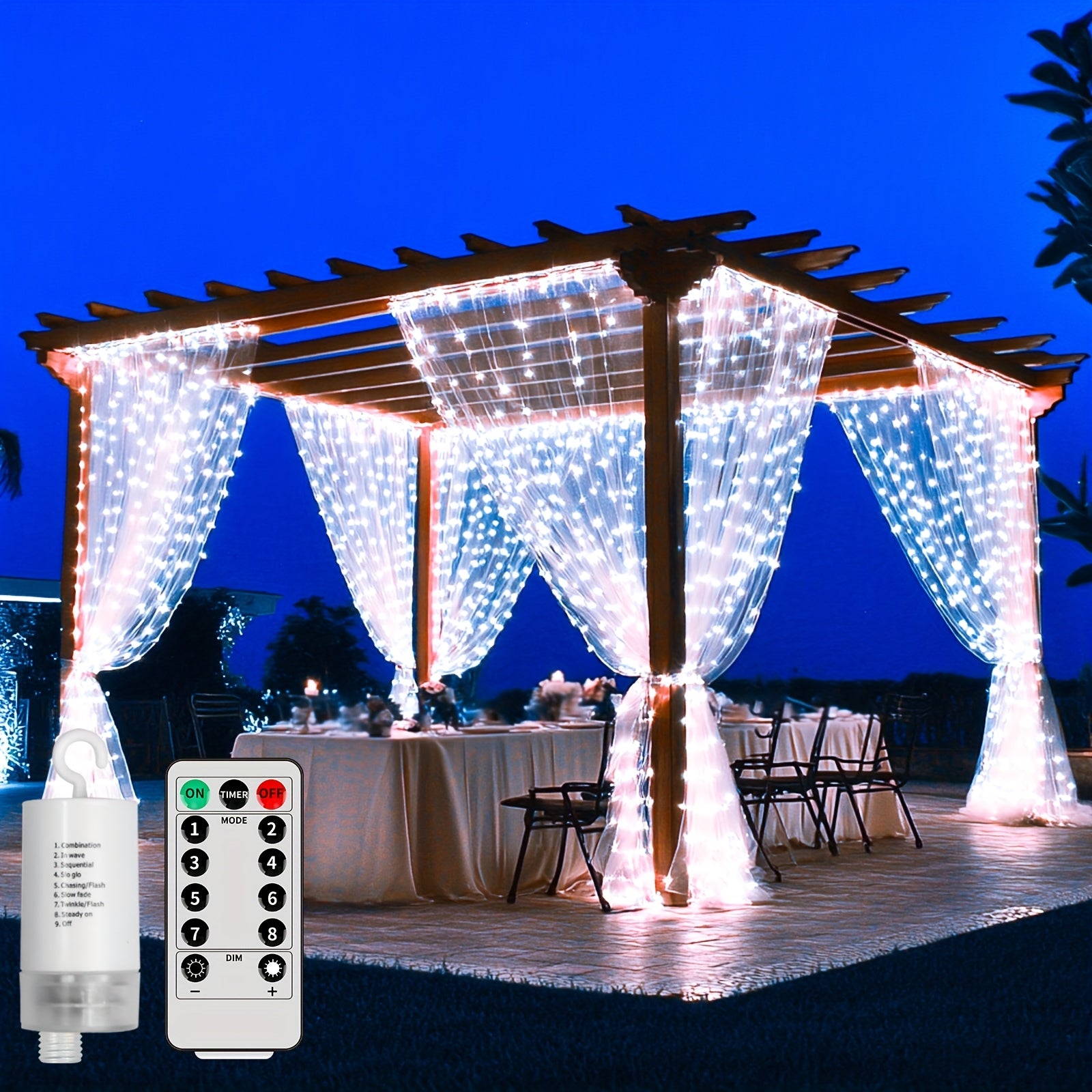 Cortina colgante de cielo estrellado con luces LED en cascada, a pilas, 3.35 metros x 3.35 metros, control remoto de precisión, múltiples modos, regulable, para bodas, luz de ventana de piso a techo, luz decorativa de lujo, para dormitorio, porche, cenado