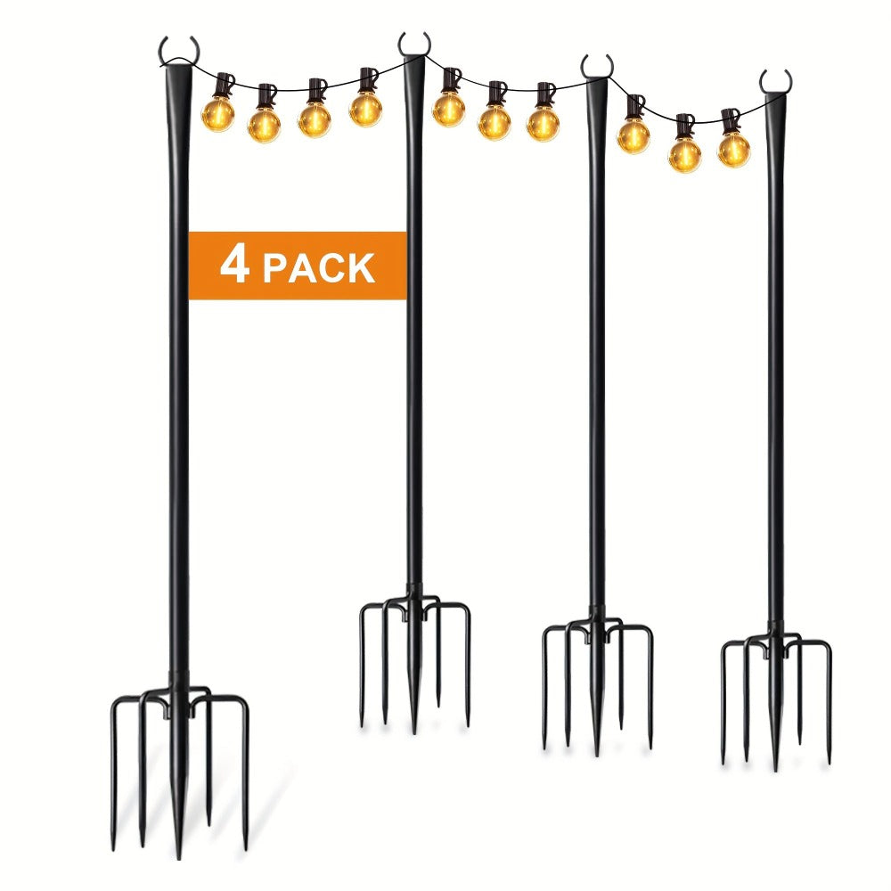 Paquete de 4 postes de metal para guirnaldas de luces de 3.05 metros con horquilla, postes colgantes para terraza, fiesta, boda (sin guirnalda de luces, solo poste)