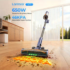 Aspiradora Inalámbrica Laresar V11, 90 Minutos de Autonomía Máxima, 650W, Aspiradora de Mano con Base de Carga, Pantalla Táctil, Aspiradora 6 en 1 para Alfombras/Suelos Duros/Pelo de Mascotas